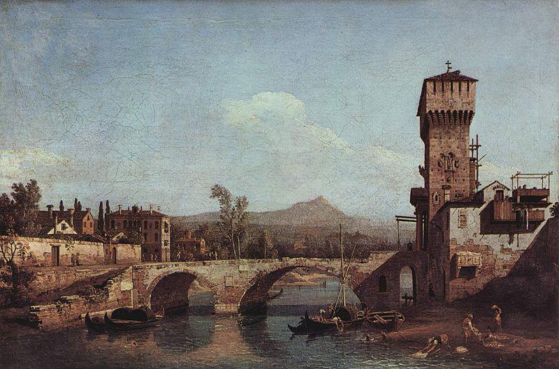 Bernardo Bellotto Capriccio Veneto, Flub, Brucke und mittelalterliches Stadttor France oil painting art